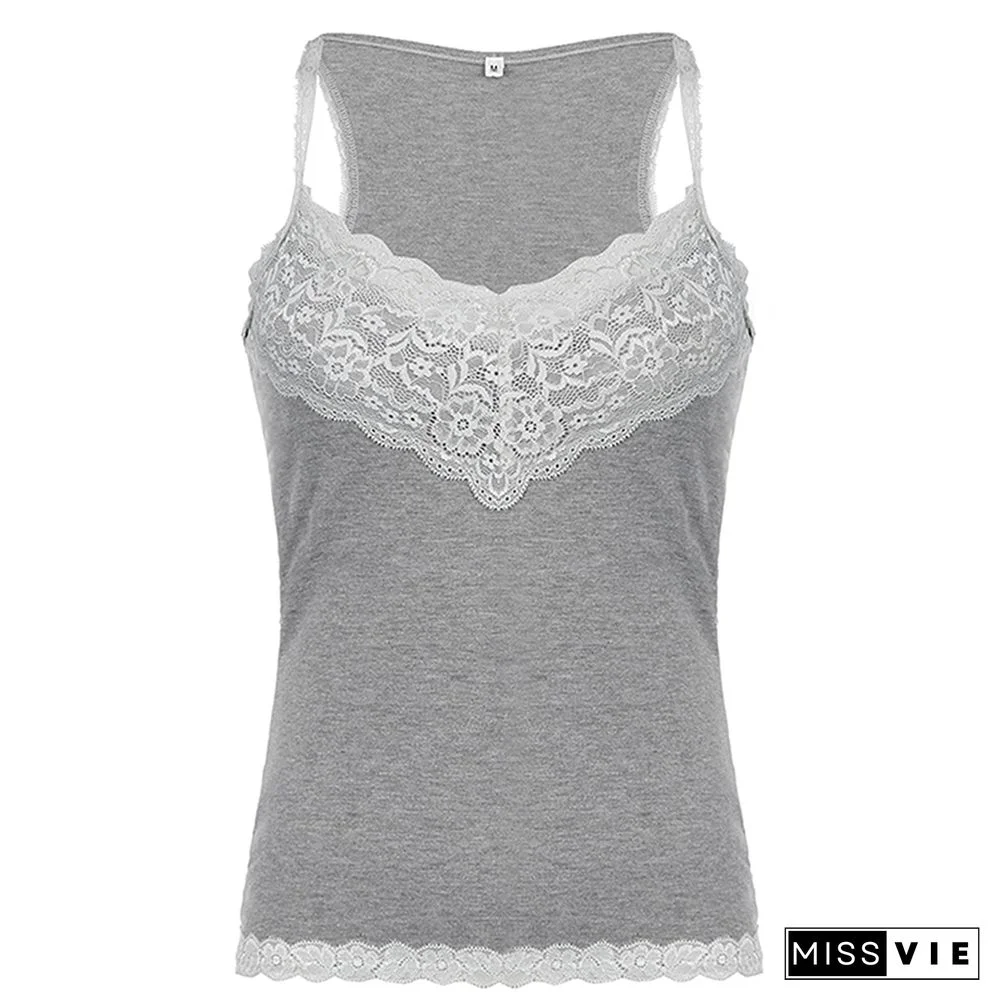 Hirigin Y2K Grey Lace Crop Top V Neck Strap Cute Sweet Mini Vest Backless Vintage Women Basic Corset Sweats Summer Party Tee