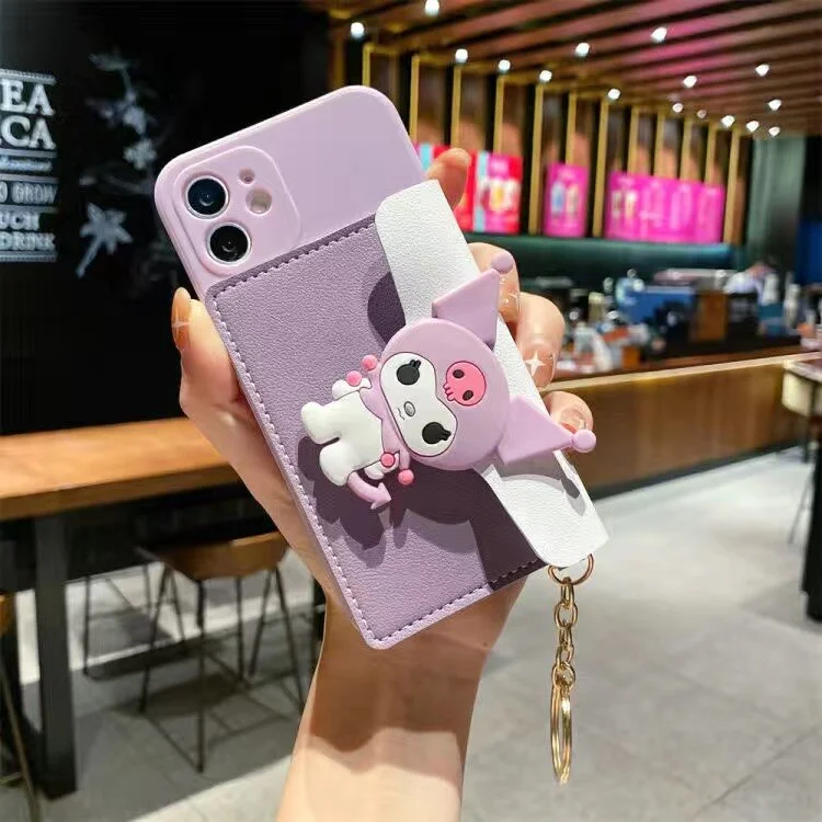 Sanrio Kuromi Cartoon Mobile Case With Wallet lanyard For iPhone 14 13 12 11 Pro Max Mini XR XS MAX 8 X 7 Anti-drop Soft Cover