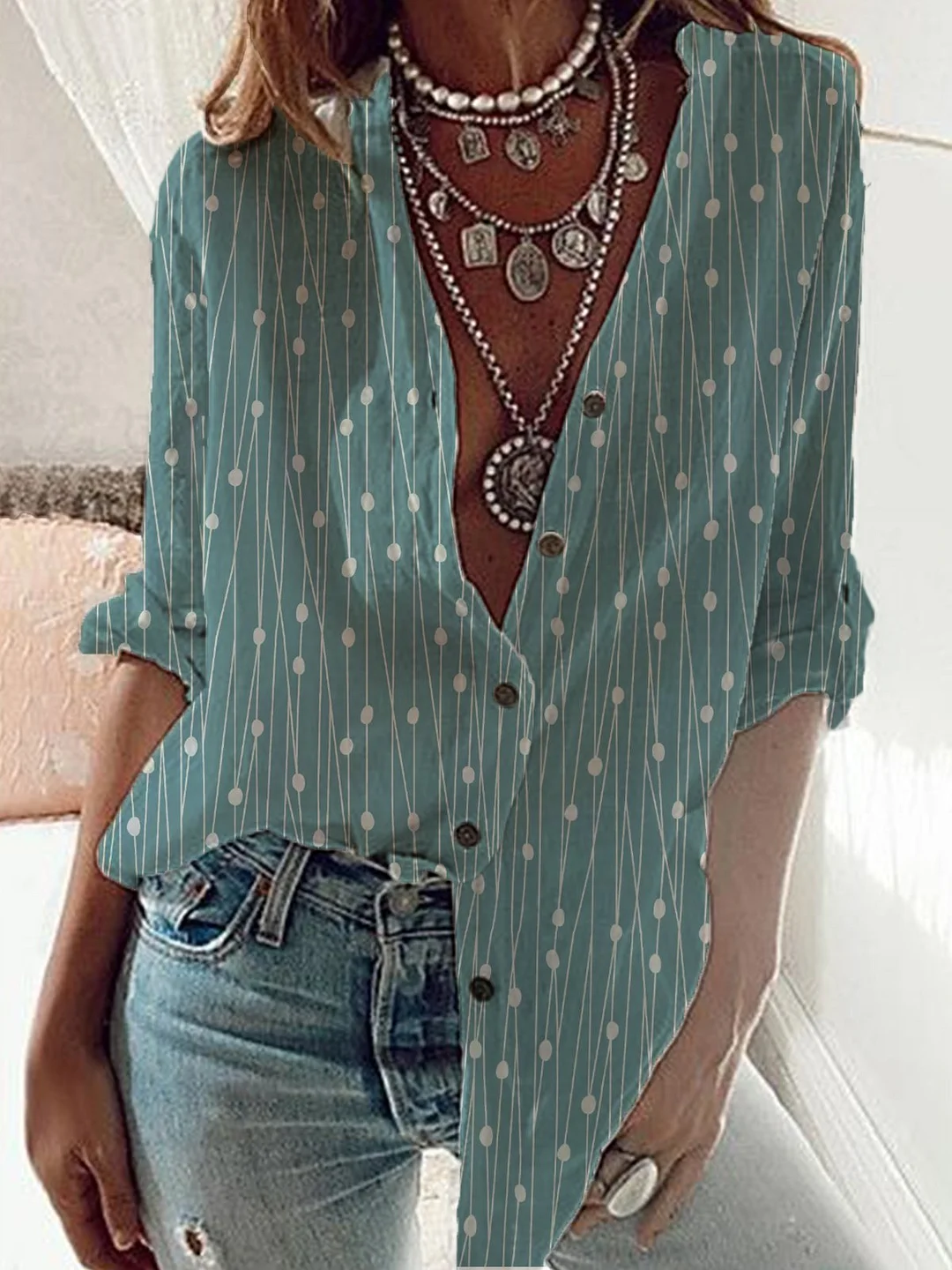 Casual Geometric Stand Collar Loose Long Sleeve Blouse