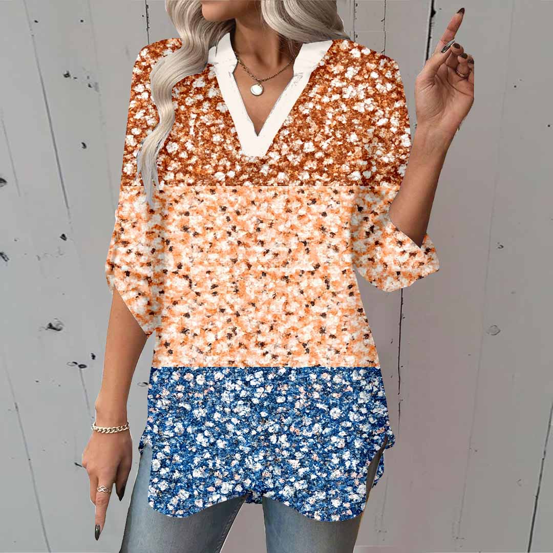 Women Floral, Blue, Patchwork DZGA0051 3/4 Sleeve V-neck Printed Graphic Button Tops