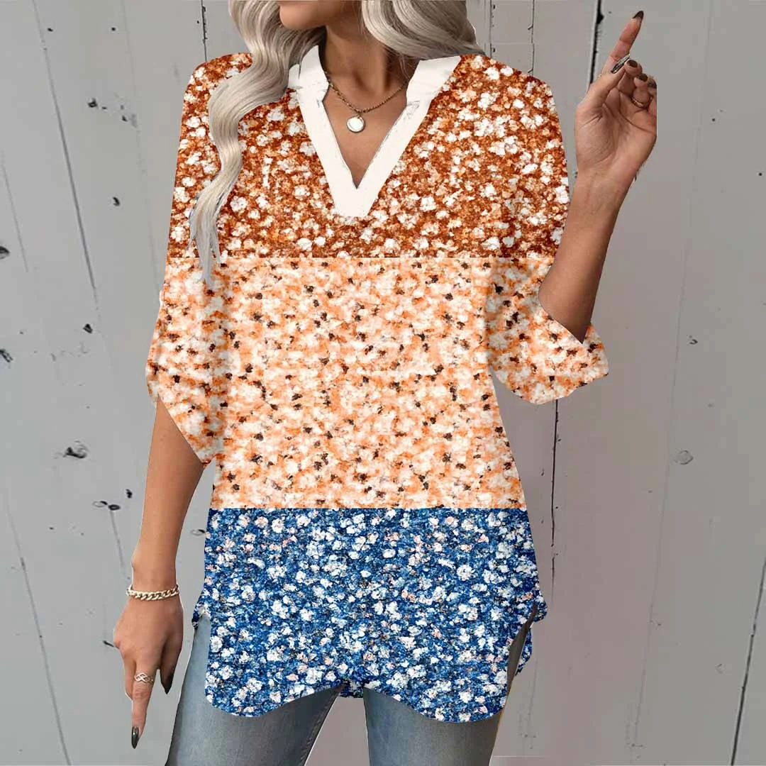 Women Floral, Blue, Patchwork DZGA0051 3/4 Sleeve V-neck Printed Graphic Button Tops
