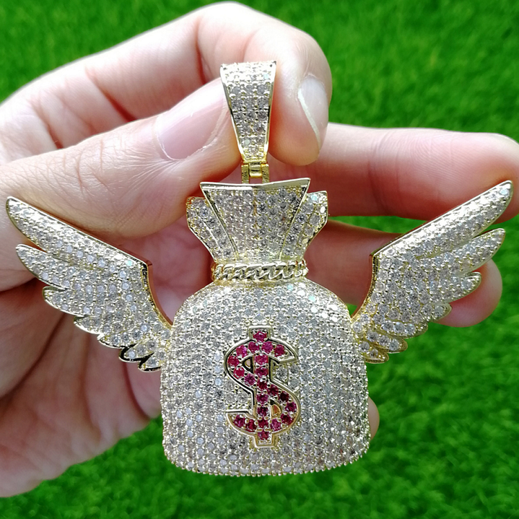 Bling Iced Out Wings Money Bag Dollor $ Pendant Necklace