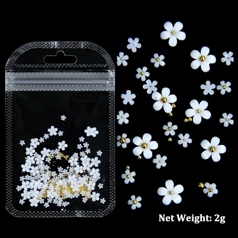 Agreedl 2g White Acrylic Flower Nail Art Decoration Mixed Size Rhinestones Gold Silver Gem Manicure Tool Accessories DIY Nails Design