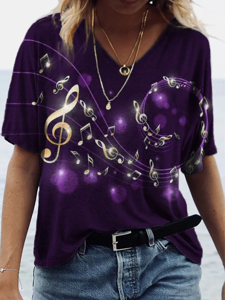 Glowing Gold Music Notes V Neck T Shirt