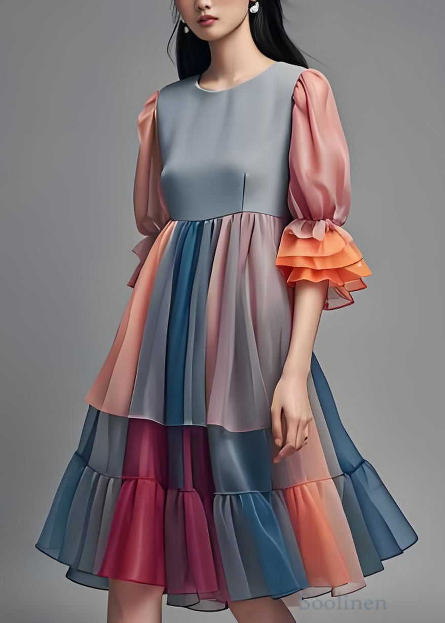 VCSHOES Colorblock Ruffled Patchwork Chiffon Dress Summer