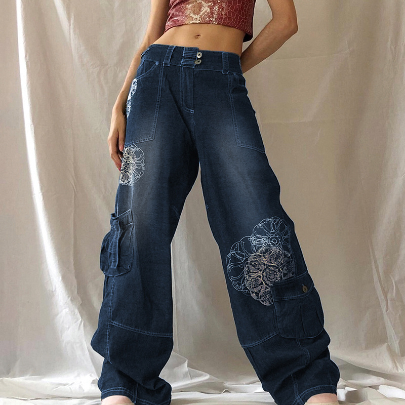 3D Floral Print Pocket Casual Jeans main image 0