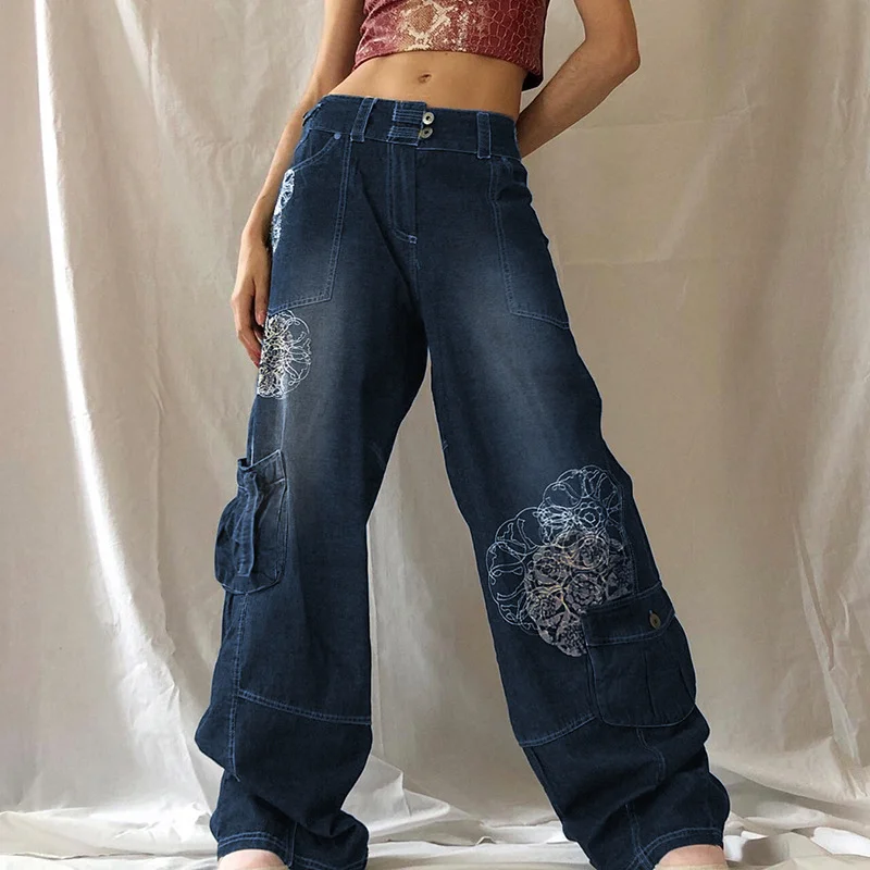 FLOWER PRINT POCKET CARGO JEANS