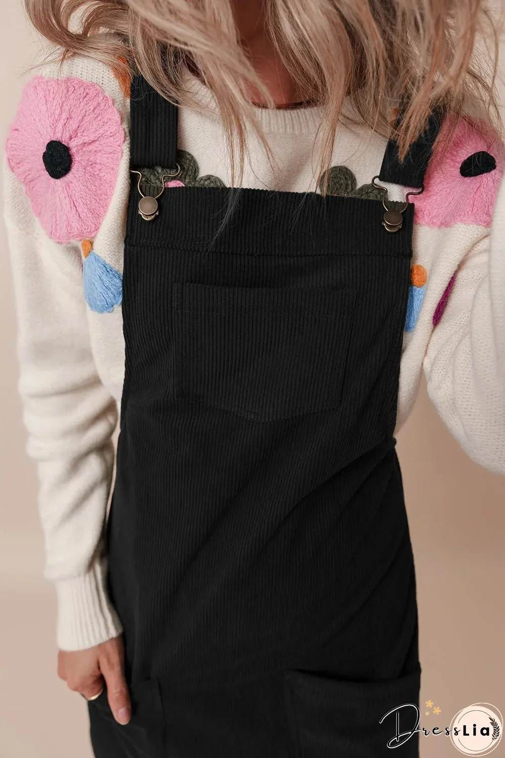 Black Solid Front Pockets Sleeveless Corduroy Overall Dress