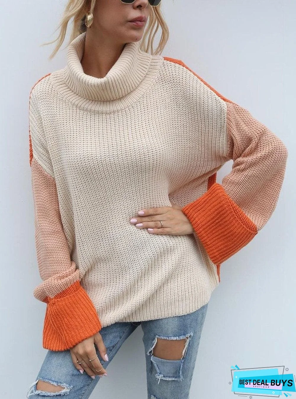 Women Fall/Winter New Style Lapel Contrast Color Pullover Sweater