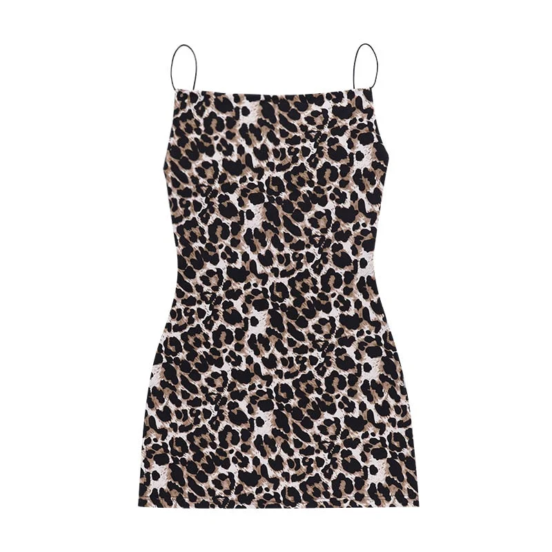 ABEBEY  Backless Leopard Sundress Women Spaghetti Straps Mini Dress Summer Fashion Sling Slit Hem One Piece Dress Party Clubwear