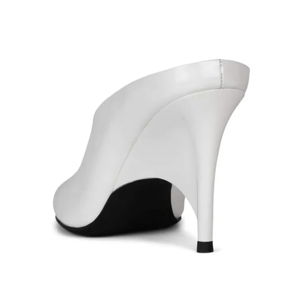YDN White Patent Leather Decorative Heel Mule Shoes for Women