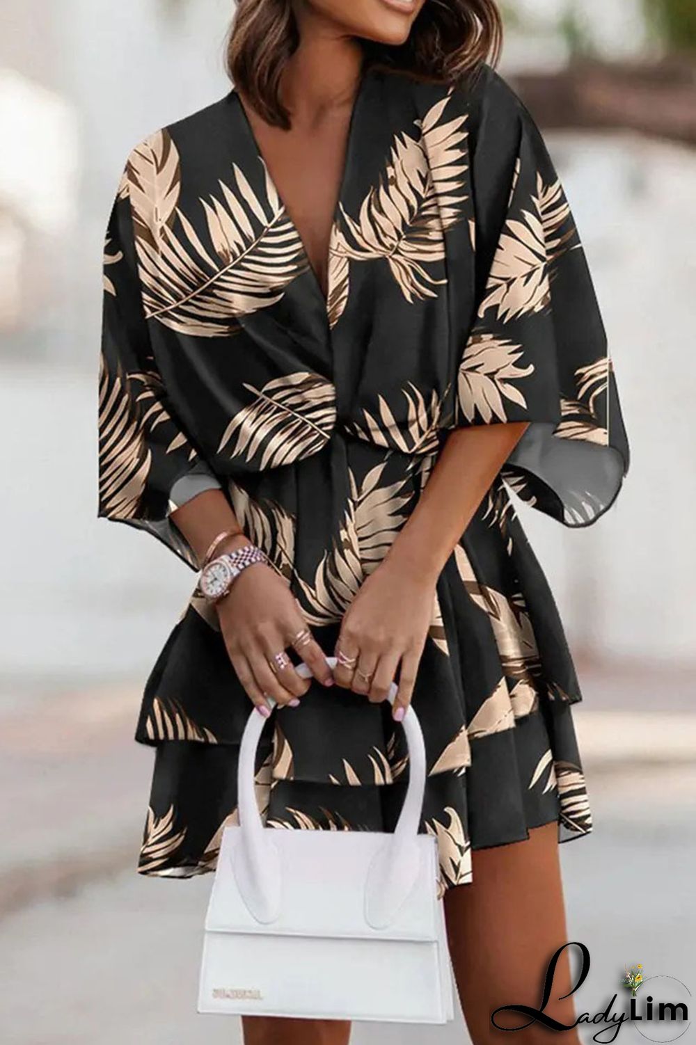 Sky Blue Casual Print Patchwork V Neck Dresses