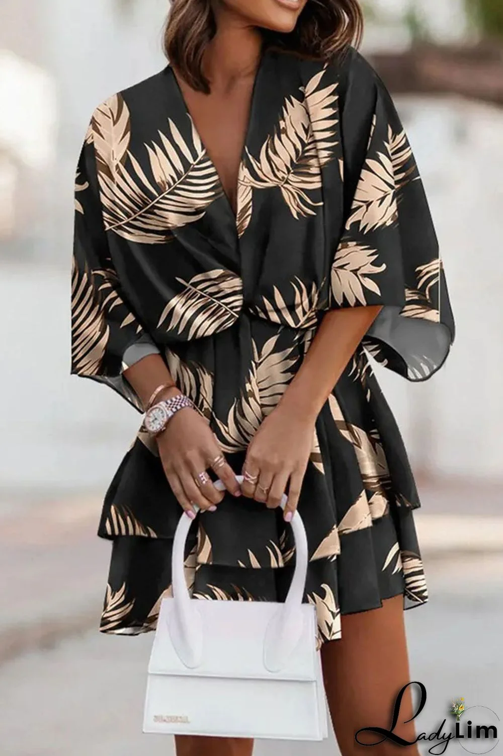 Sky Blue Casual Print Patchwork V Neck Dresses