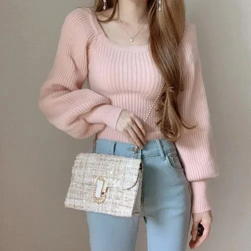 Tlbang Square Collar Knitted Women Sweater Spring Autumn Long Sleeve Slim Solid Tops Female Casual Knitting Sweaters