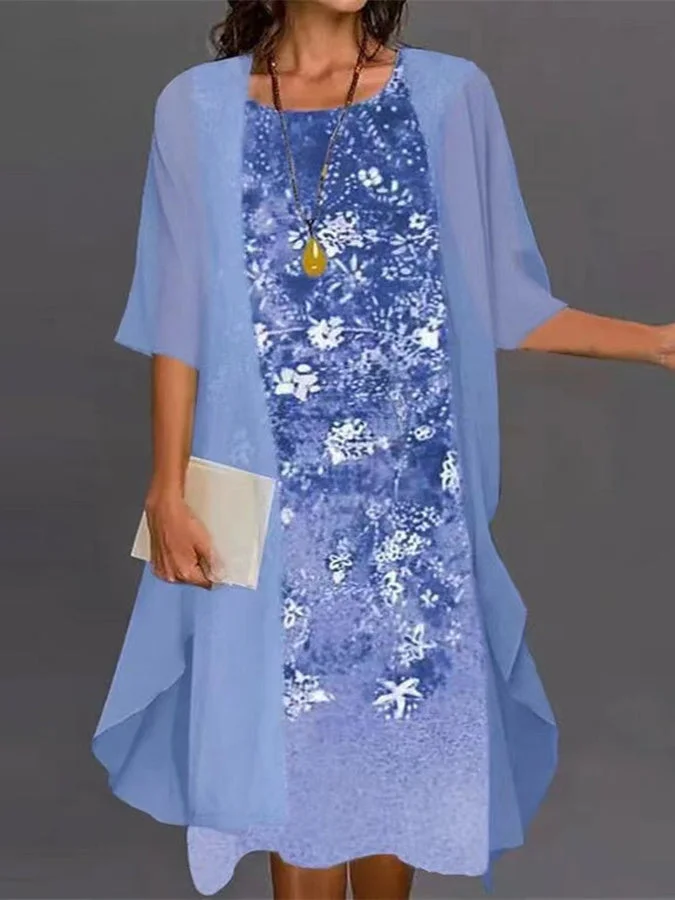 Women's 3/4 Sleeve Scoop Neck Floral Printed Chiffon Midi Dress