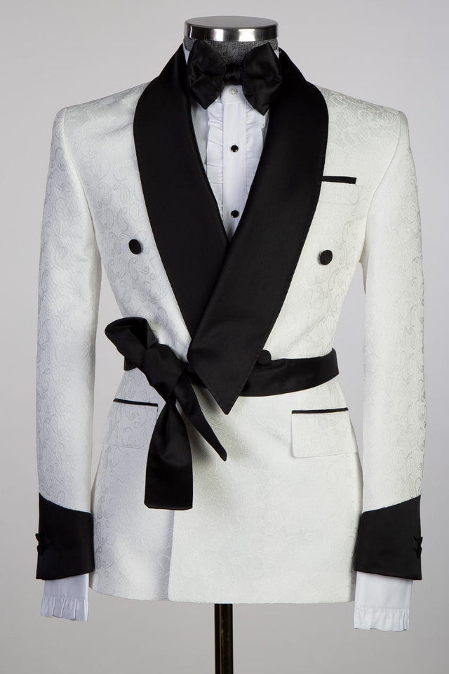 Luluslly White Double Breasted Shawl Lapel Jacquard Wedding Men Suits