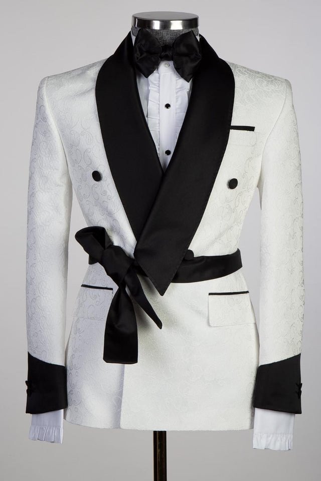 Luxurious White Jacquard Double Breasted Shawl Lapel Wedding Men Suits | Ballbellas Ballbellas