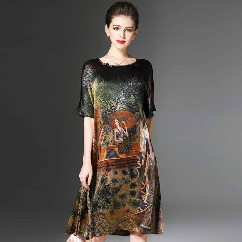 Large Size Women's Silk-like Dress Elegant Retro Printed Fashion