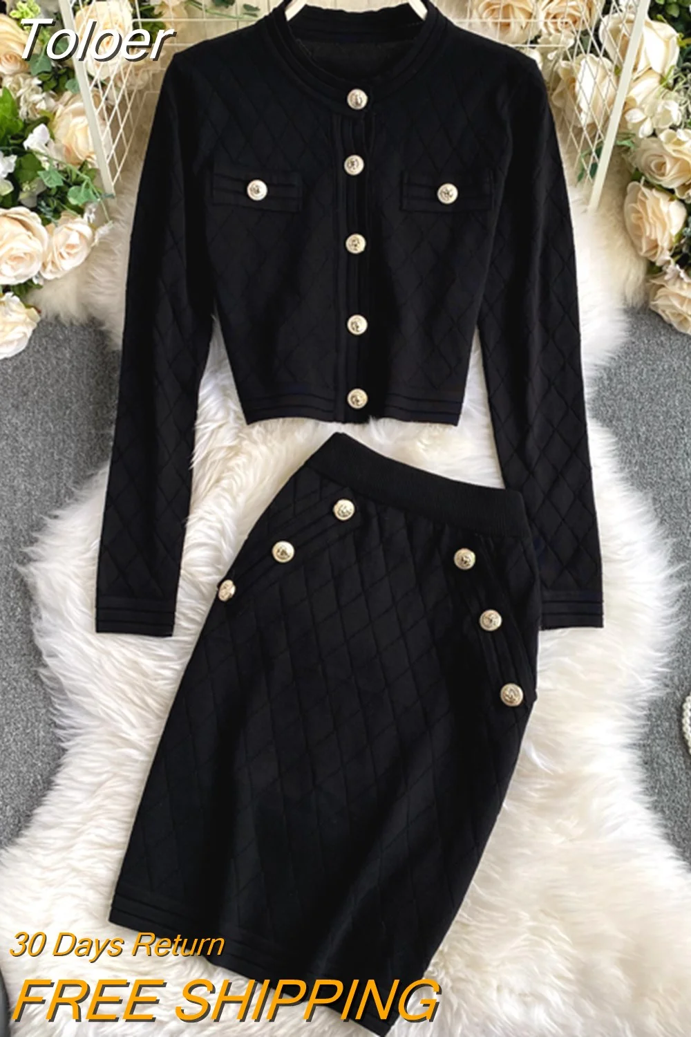 Toloer long sleeve buttons sweater top and skirt suits women knitted two piece set New autumn fashion ladies club outfits