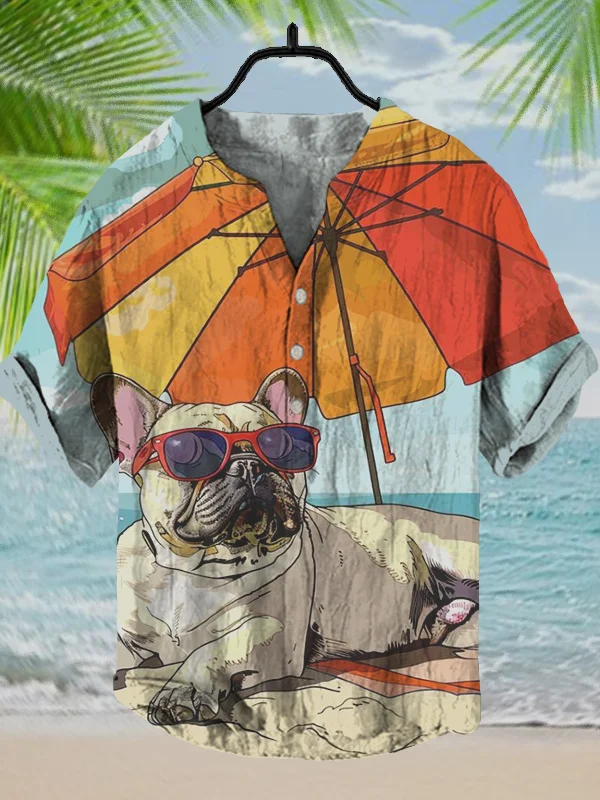Men's Sunglasses French Bulldog Vacations On The Beach Print Half Button Shirt