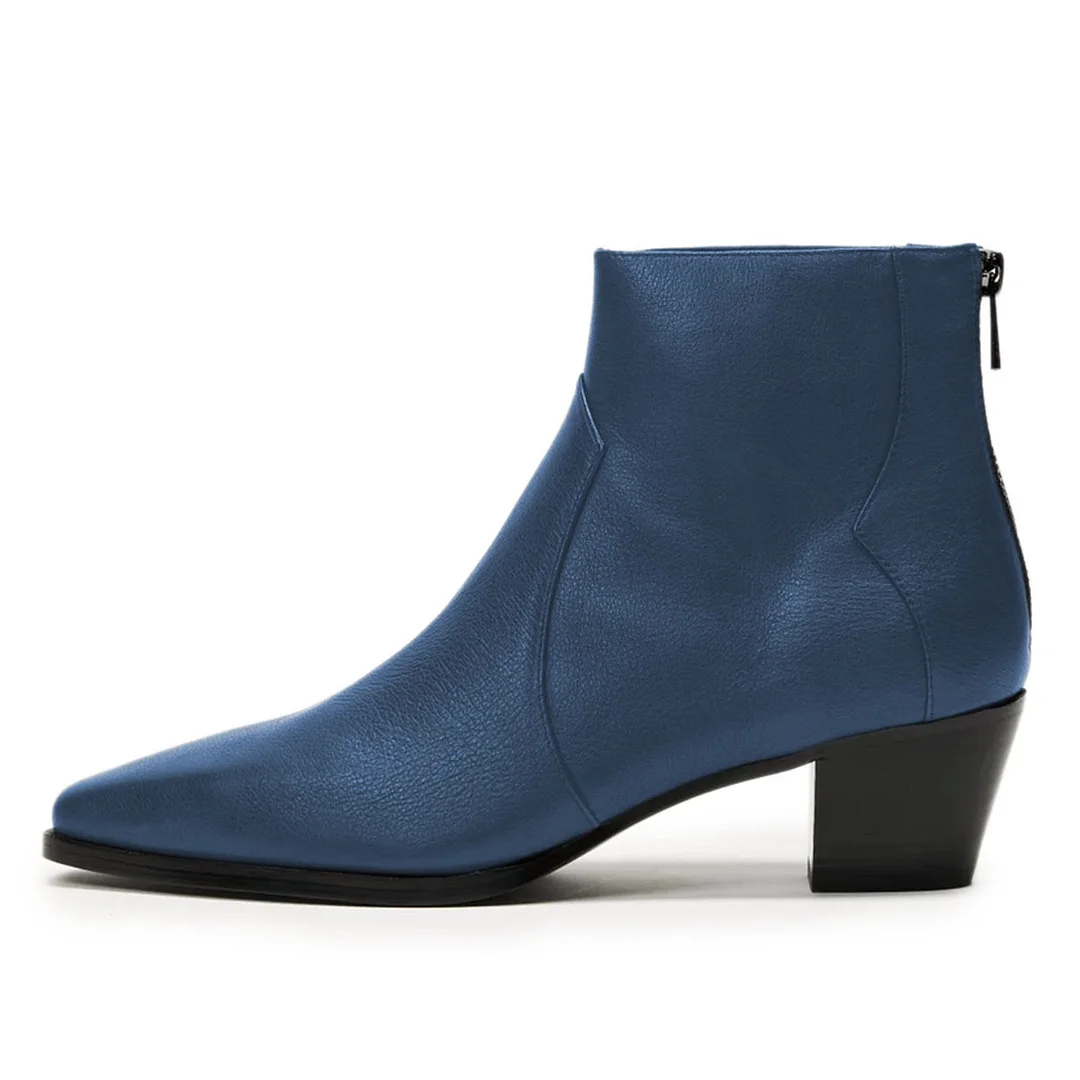 Ladies Vegan Leather Back-Zip Block Heel Ankle Boots in Navy Blue