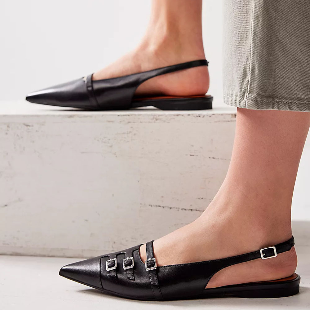 Black Vegan Leather Pointed Toe Flat Buckled Slingbacks Nicepairs