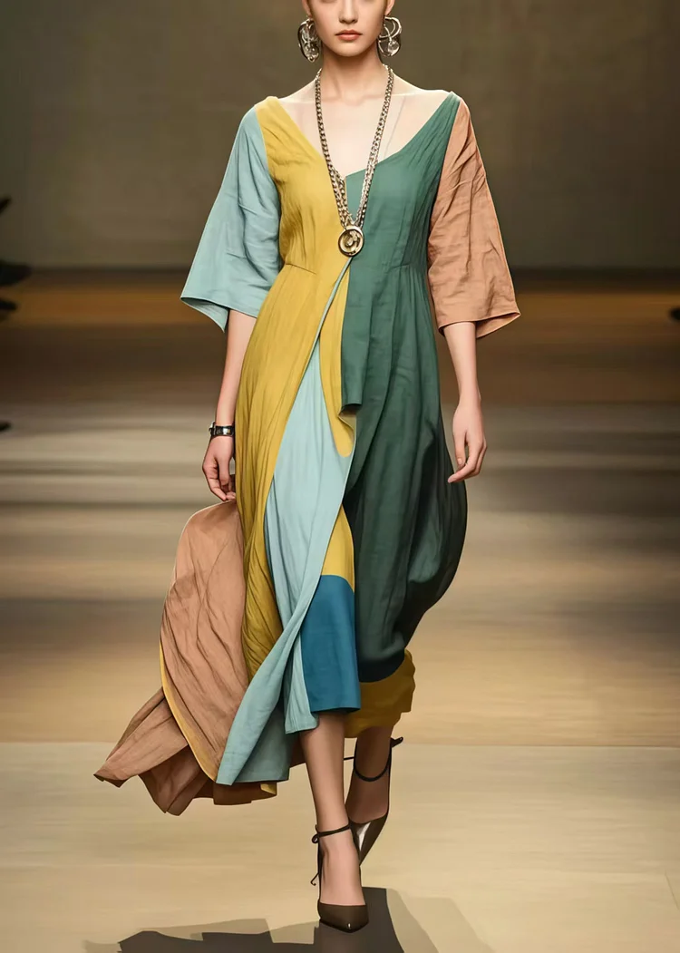 Ethnic Style Asymmetrical Patchwork Applique Cotton Long Dress Half Sleeve