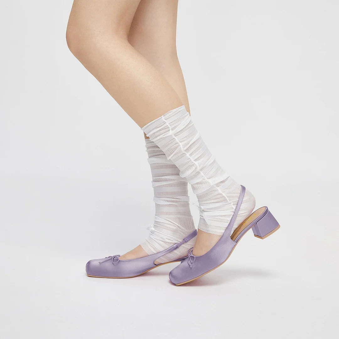 Purple Satin Square Toe Low Block Heel Slingback Pumps with Bow