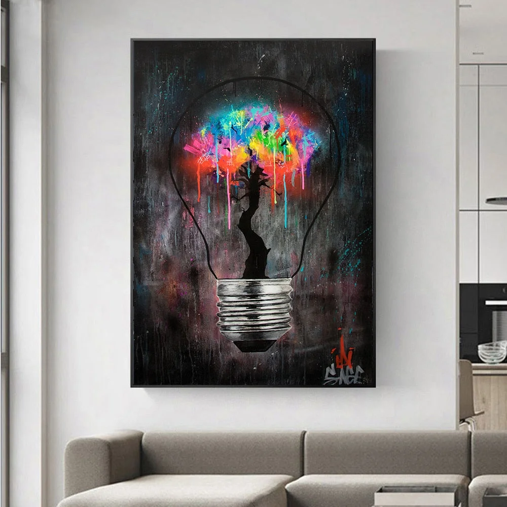 Light Bulb Abstract Street Graffiti Art Posters Prints Canvas Painting Cuadros Wall Art for Living Room Home Decor (No Frame)