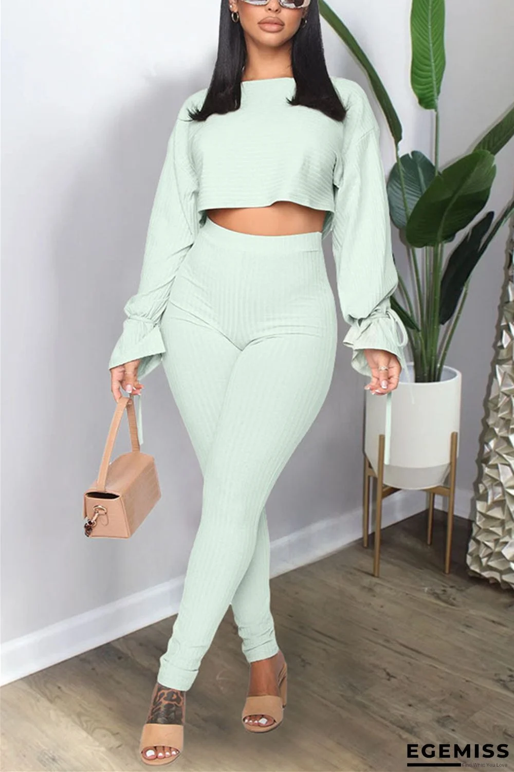 Light Green Casual Party Pit Article Fabrics Solid Bandage O Neck Long Sleeve Flare Sleeve Regular Two Pieces | EGEMISS