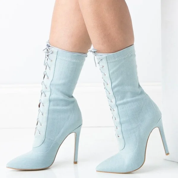 Light Blue Denim Lace-Up Ankle Booties with Stiletto Heels Vdcoo
