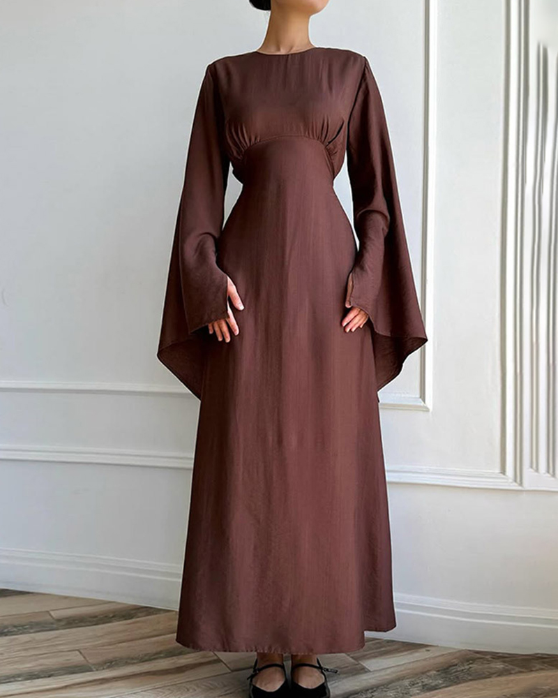 Split Flared Sleeve Round Neck Solid Color Maxi Dress