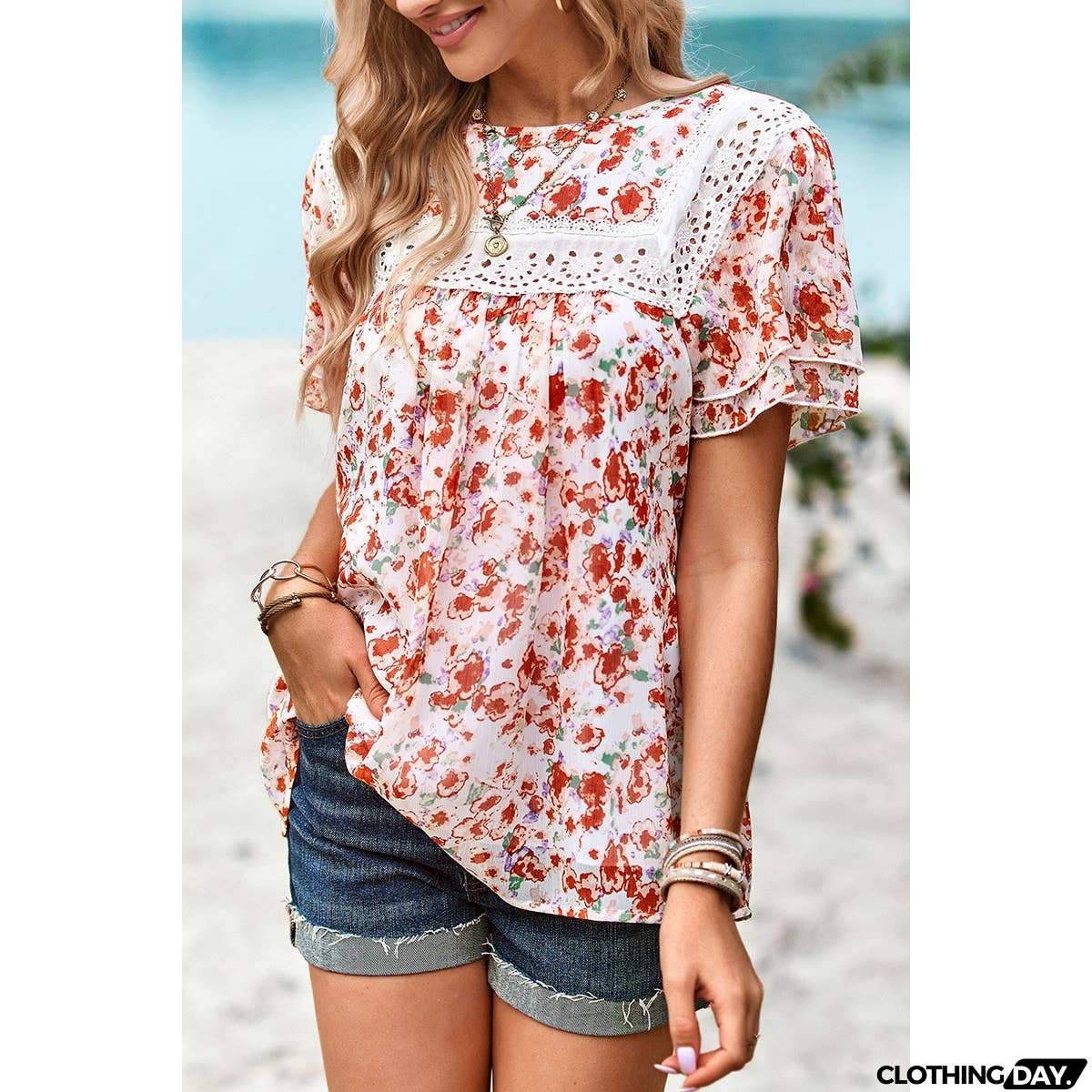 Floral Lace Round Neck Ruffle Loose Fit Top