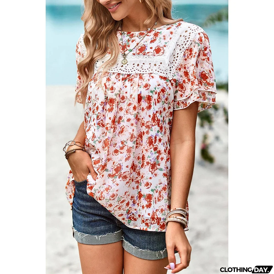 Floral Lace Round Neck Ruffle Loose Fit Top