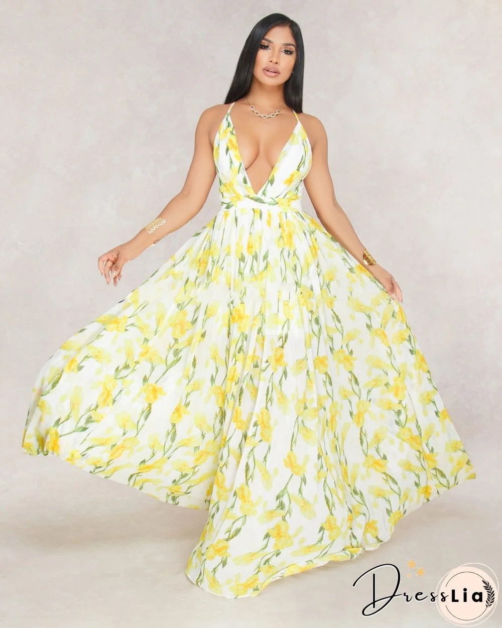 European and American Deep V-neck Back Chiffon Dress