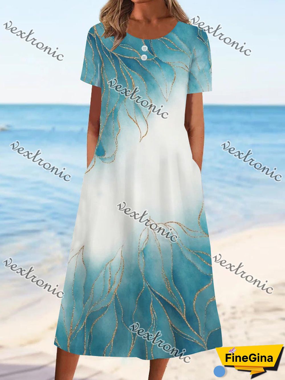 Women's Green Scoop Neck Short Sleeve Graphic Midi Dress