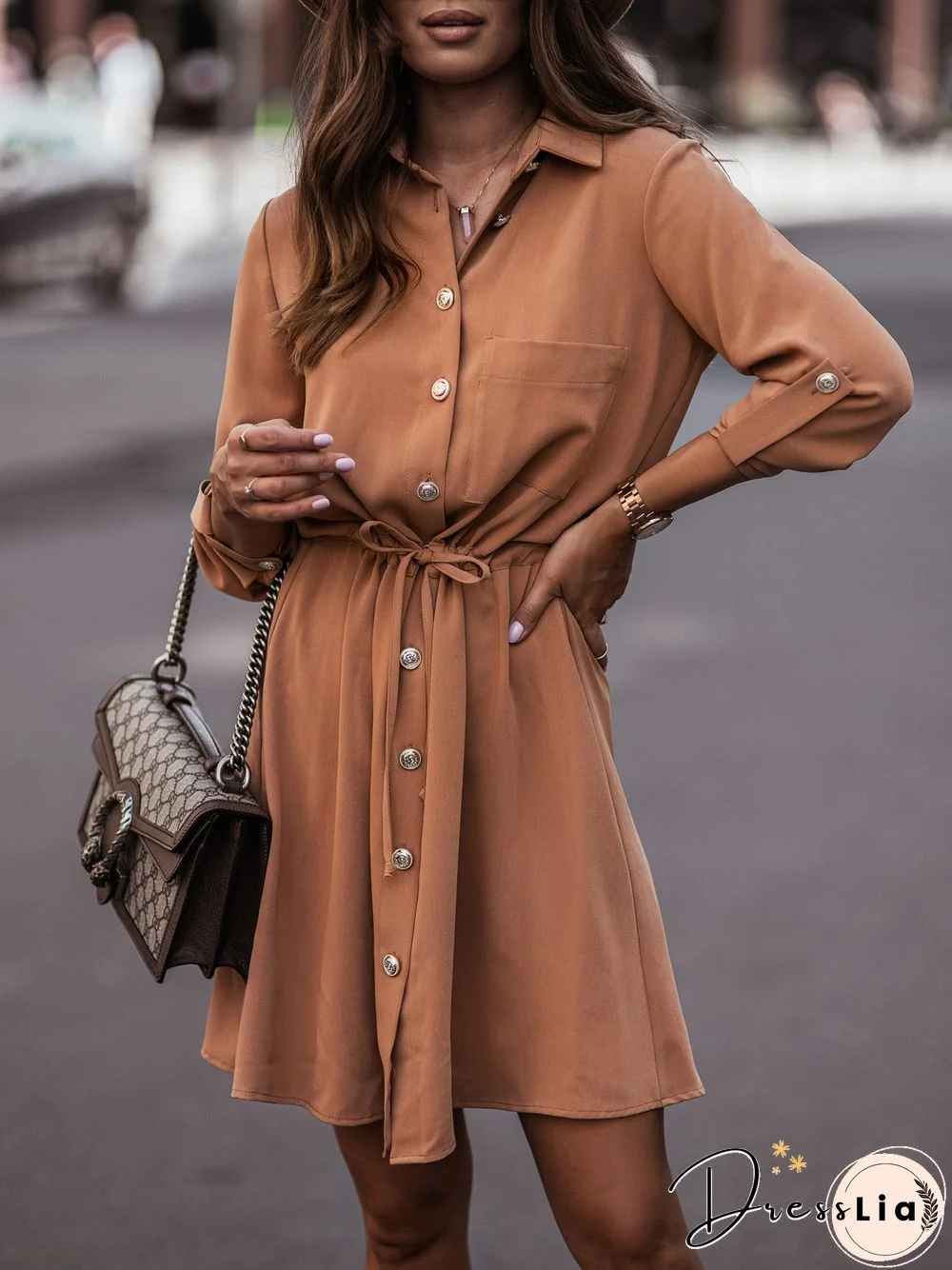 Solid-color MIDI Dress with Waist Cinch and Button Cuff