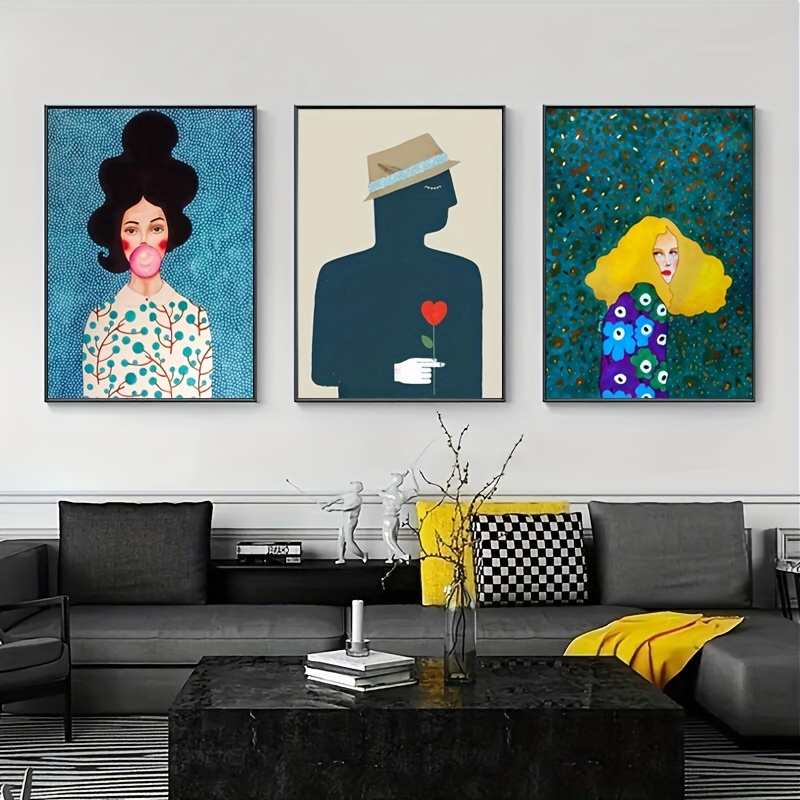 3pcs Frameless Modern Playful Girls Canvas Posters Retro Blue Green White Painting Wall Art Girl Room Bedroom Home Decor