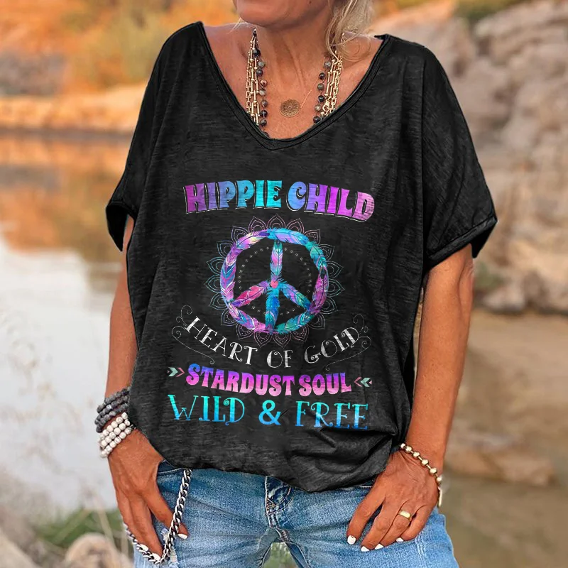 Hippie Child Heart Of Gold Print V-neck T-shirt