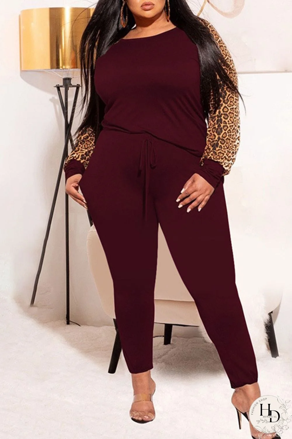 Black Casual Print Leopard Patchwork O Neck Plus Size Two Pieces