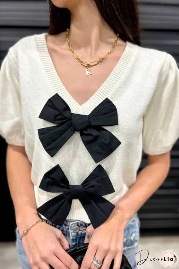 V-Neck Short-Sleeved Double Bow Solid Color Sweater