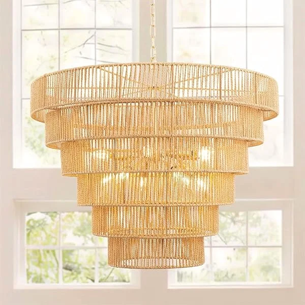 6-Light Boho Rattan Chandelier for Dining Room, 4-Tier Hand-Woven Farmhouse Chandelier, Adjustable Height, Drum Wicker Rattan Chandelier for Dining Room, Kitchen Island, Living Room, 19.7” Brown 6-Light
