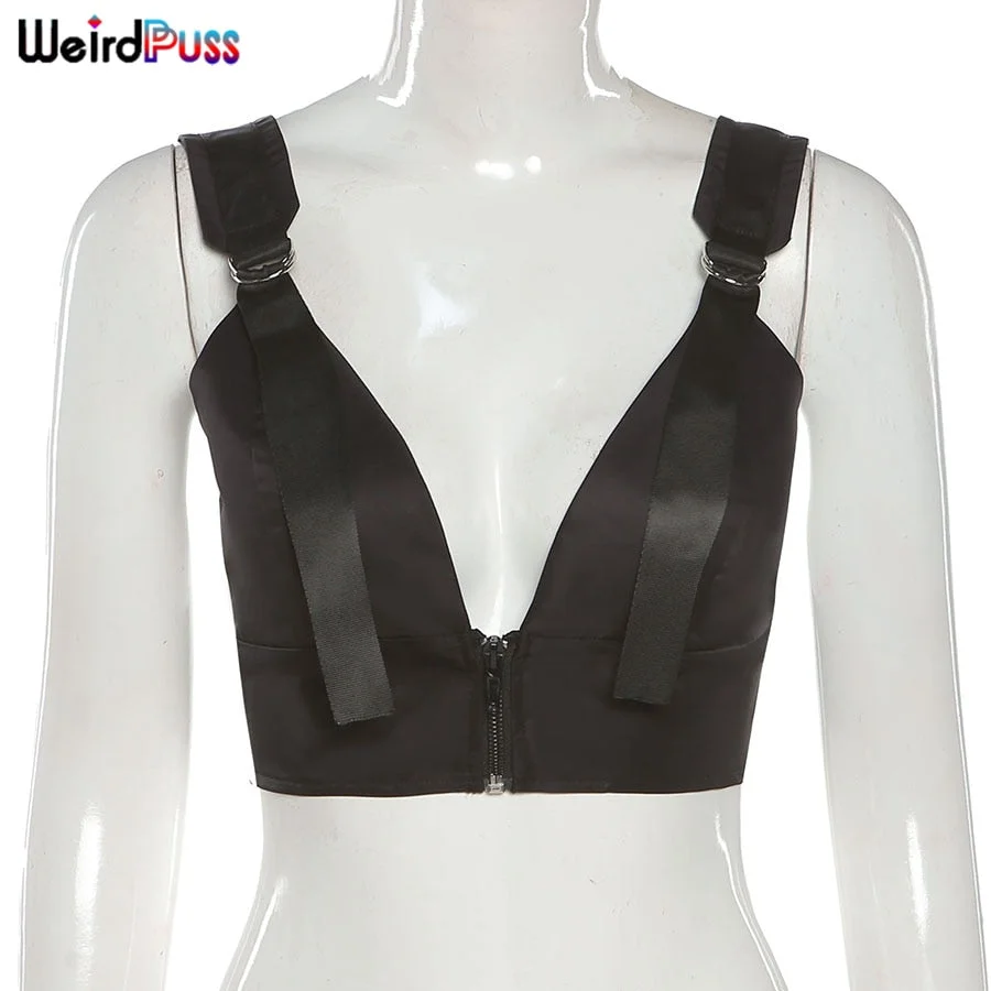 Weird Puss Solid Sexy Women Tank Tops Drawstring Shoulder Strap Zipper Backless Sleeveless Trend Corset Vest Streetwear Outfits