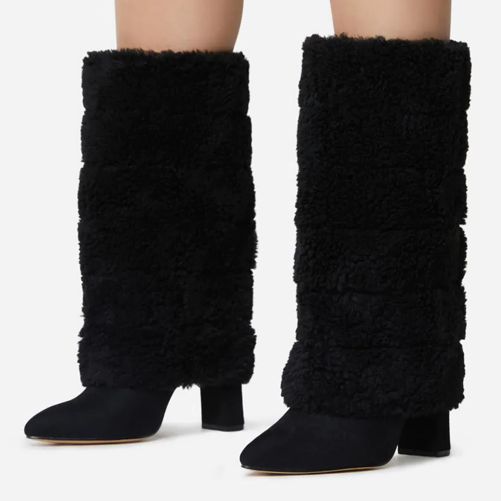 Classic Black Furry Block Heel Fold Over Mid Calf Winter Boots Nicepairs