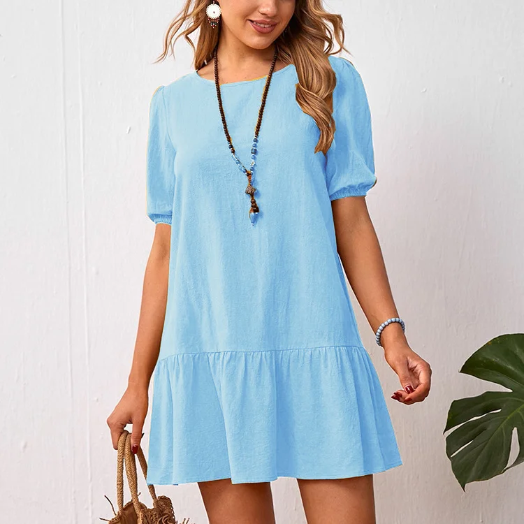 Women's Cotton Linen Dress Crew Neck Short Puffle Sleeve Mini Linen Dress