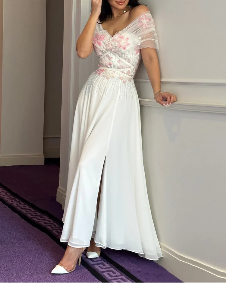 Women's V-neck mesh embroidery Dress