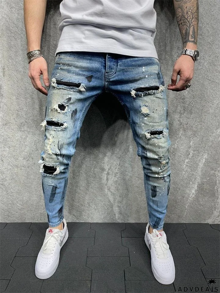 Male Popular Elastic Distressed Light Blue Jeans