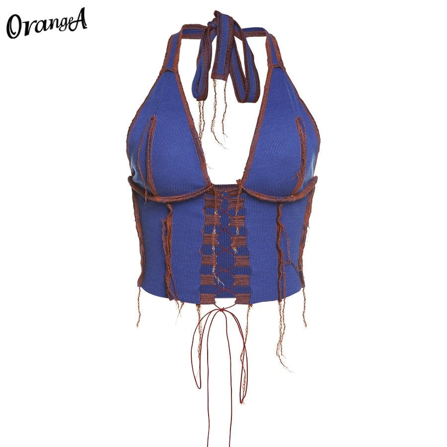 OrangeA sexy ribbed bandage y2k halter women camisol summer drawstring sling hollow out fashion backless streetwear clubwear