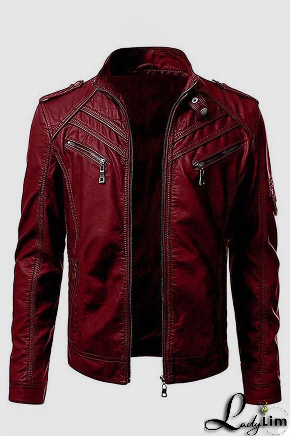 Burgundy Casual Solid Split Joint Zipper Mandarin Collar Outerwear
