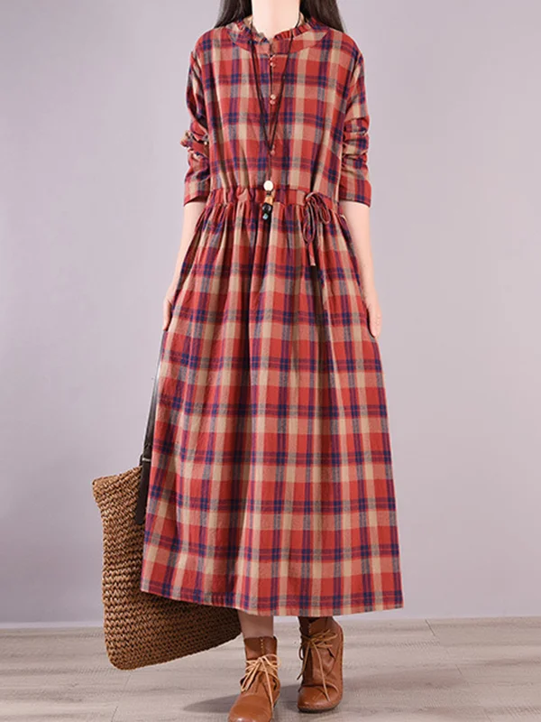 Vintage Minimalist Roomy Plaid A-Line Cotton Tied Midi Dress